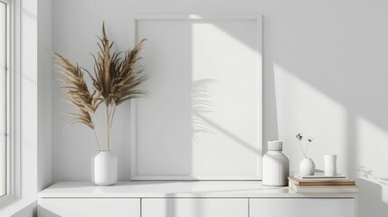 Wall Mural - Minimalist interior design with mockup poster frame on white cabinet, Scandinavian home decor