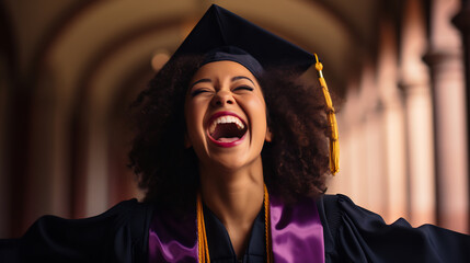 Wall Mural - Joyful graduate in a cap and gown, laughing with happiness and pride, symbolizing the excitement and accomplishment of academic achievement