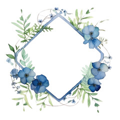 Wall Mural - Watercolor floral frame with blue flowers and green leaves on white background. Wedding invitation and springtime concept. Design for greeting card, wedding stationery, and botanical print. AIG35.