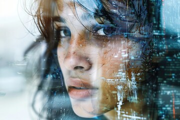 Canvas Print - Closeup portrait of young woman with double exposure effect, glitch elements