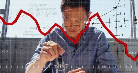 Poster - Image of financial data processing over biracial businessman working in office