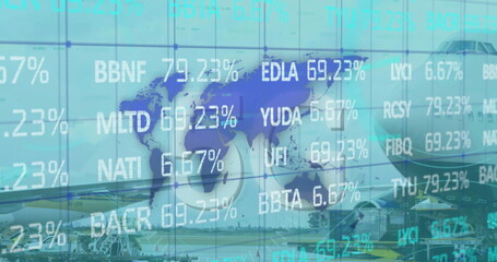 Poster - Image of 5g text, financial data processing over world map and plane