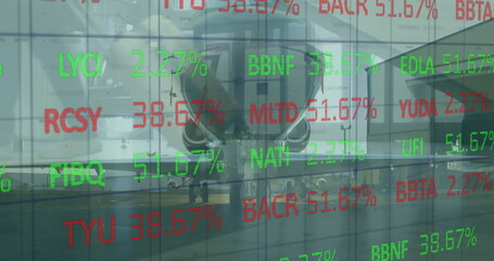 Poster - Image of financial data processing over world map and plane