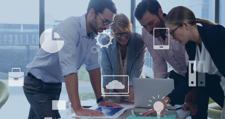 Poster - Image of digital icons over diverse colleagues discussing together at office