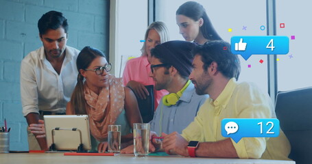 Poster - Image of social media icons over diverse colleagues discussing together at office