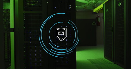 Poster - Image of shield with envelope icon and circles over server room