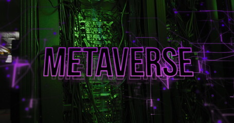 Poster - Image of metaverse text and network of connections over server room