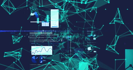 Poster - Image of plexus networks over screens with data processing against blue background