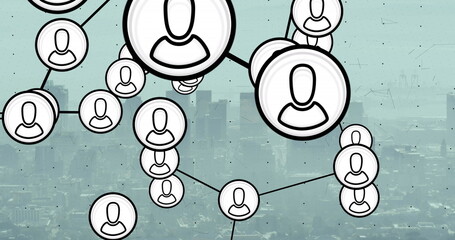 Poster - Image of network of profile icons against aerial view of cityscape