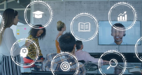 Poster - Image of icons and data processing over diverse business people in office