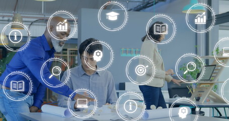 Poster - Image of multiple digital icons against two diverse men discussing at office