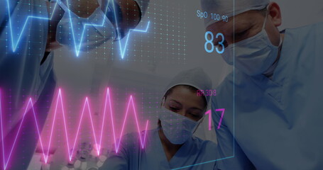 Poster - Image of medical data processing over team of diverse surgeons performing operation at hospital