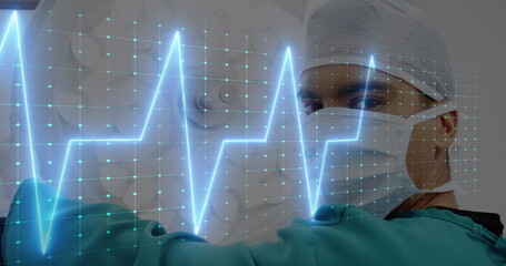 Poster - Image of heart rate monitor over biracial male surgeon in operation theatre at hospital