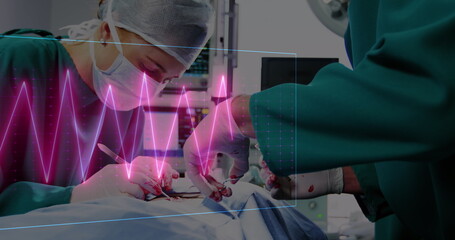 Poster - Image of heart rate monitor over team of diverse surgeons performing operation at hospital