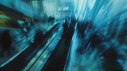 blurred background metro escalator / light blue background movement city infrastructure subway