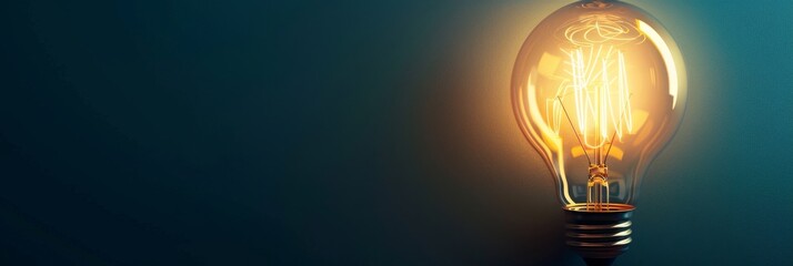 Poster - Glowing light bulb on dark blue background - A brightly glowing light bulb on a dark blue textured background suggesting ideas