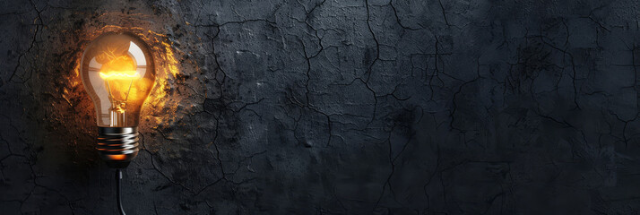 Poster - Illuminated light bulb on cracked wall - A concept image of a glowing light bulb on a dark cracked wall texture, illustrating ideas and innovation