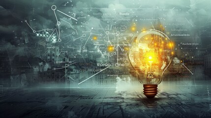 Poster - Conceptual light bulb with data overlay - A conceptual image of a light bulb with a futuristic data overlay representing ideas and technology