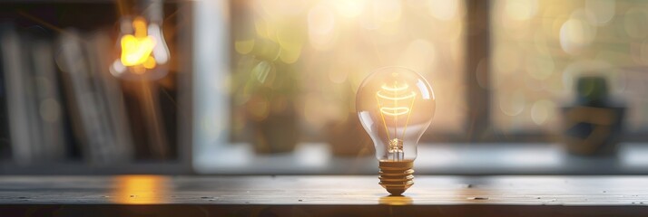 Poster - Illuminated lightbulb on wooden surface - A single glowing lightbulb stands out on a wooden desk, symbolizing ideas and innovation with warm light