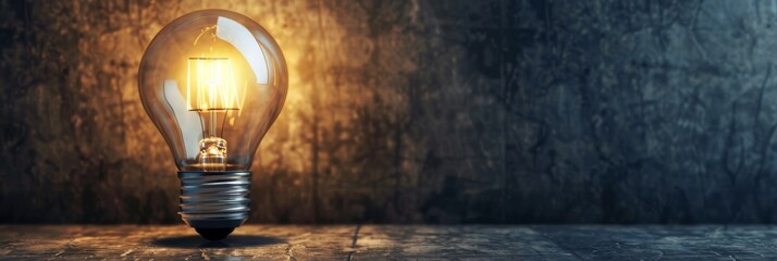 Poster - Glowing light bulb on dark background - A single illuminated light bulb stands out against a dark, textured background, symbolizing ideas and innovation