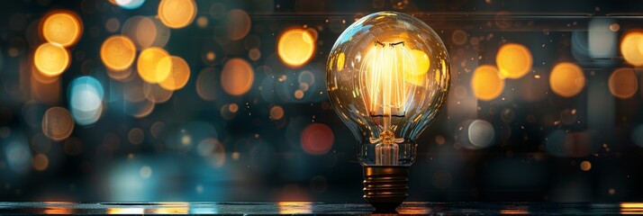 Poster - Glowing light bulb on dark backdrop - A single illuminated light bulb shines against a bokeh light background creating a concept of inspiration