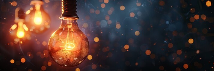 Poster - Glowing lightbulb with sparkling bokeh background - A single incandescent lightbulb emits a warm glow against a sparkling bokeh backdrop