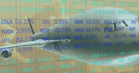 Poster - Image of financial data processing over airplane flying