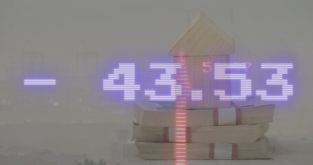 Poster - Image of stock market data processing over wooden house model against view of cityscape