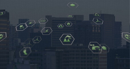 Poster - Image of multiple digital icons floating against aerial view of cityscape