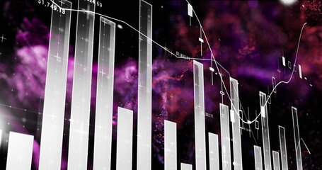 Poster - Image of statistical data processing over purple digital wave against black background