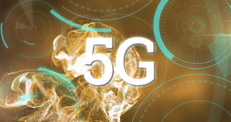 Poster - Image of 5g text banner, round scanners and digital wave on orange gradient background