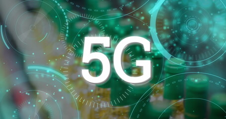 Poster - Image of 5g text banner over multiple round scanners against glowing blue spots of light