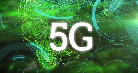 Poster - Image of 5g text banner and multiple round scanners over green digital wave and light spots