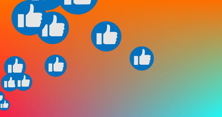 Poster - Image of network of thumbs up icons over orange to blue background