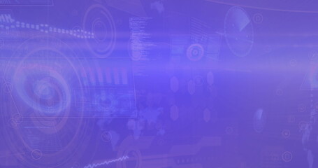 Poster - Image of soundwaves, circles, radars, graph over computer language on abstract background