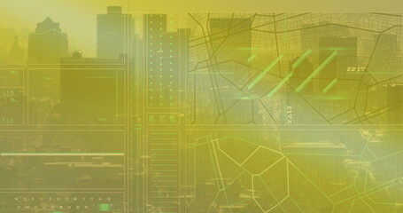 Poster - Image of loading circles, lines and navigation pattern over modern city against sky