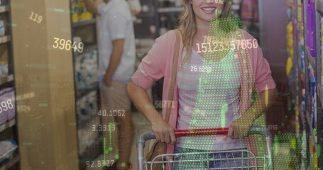 Poster - Image of financial data processing over caucasian woman with shopping trolley