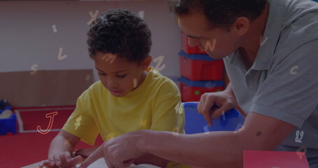 Poster - Image of letters and numbers over caucasian male teacher and schoolboy writing