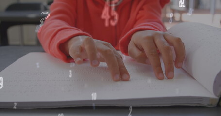 Poster - Image of letters and numbers over caucasian schoolboy reading braille