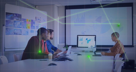 Poster - Image of glowing connecting dots against diverse colleagues having a image conference at office