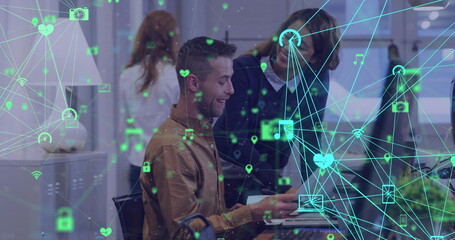 Poster - Image of globes of digital icons spinning against two diverse man and woman discussing at office