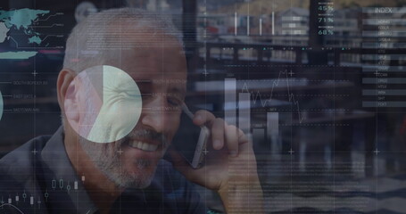 Poster - Image of infographic interface over smiling caucasian senior man talking on smartphone in cafes