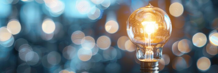 Poster - Glowing light bulb bokeh background - An illuminated light bulb in focus with a sparkling bokeh effect in the background for a festive look