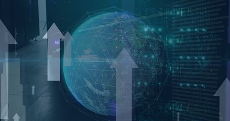 Poster - Image of spinning globe, data processing and arrow icons moving upwards against server room