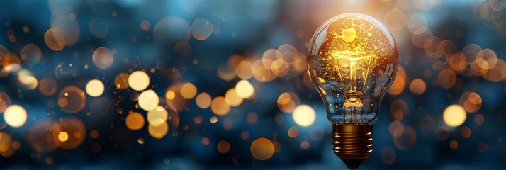 Poster - Glowing light bulb with bokeh effect - Illuminated light bulb with golden bokeh lights symbolizing inspiration and innovation