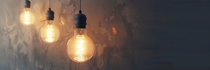 Illuminated vintage bulbs in dark room - Three hanging incandescent bulbs glow warmly in a moody, dark room with visible filament details