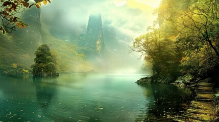 Wall Mural - landscape of mountain lake and forest. forest with a lake wallpaper. landscape lake forest with fog wallpaper. landscape forest with lake and fog. landscape with a lake and mountains.