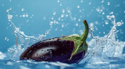 Wall Mural - Eggplant and water splash. captured with highspeed photography as they break through the waters surface.