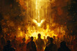 © Patthamaporn - Pentecost. The descent of the Holy Spirit on the followers. People in front of a burning fire with white dove above them. Digital painting