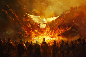 Pentecost. The descent of the Holy Spirit on the followers. People in front of a burning fire with white dove above them. Digital painting